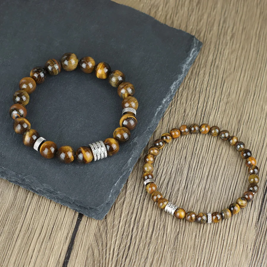 Men Tiger Eyes Howlite Obsidian Stainless Steel Bracelet Set