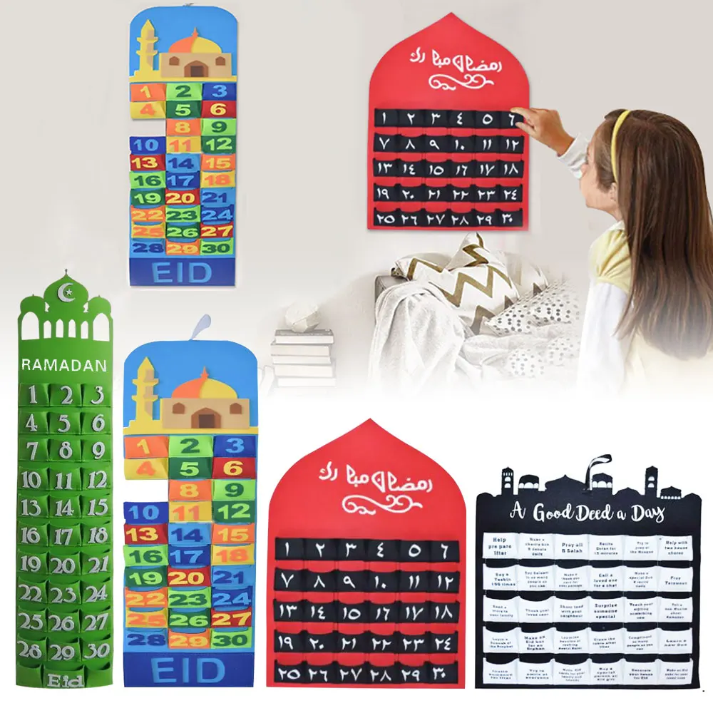DIY Eid Mubarak Felt Ramadan Calendar With Pocket for Kids Gifts Countdown Calendrier Ramadan Kareem Muslim Party Decor