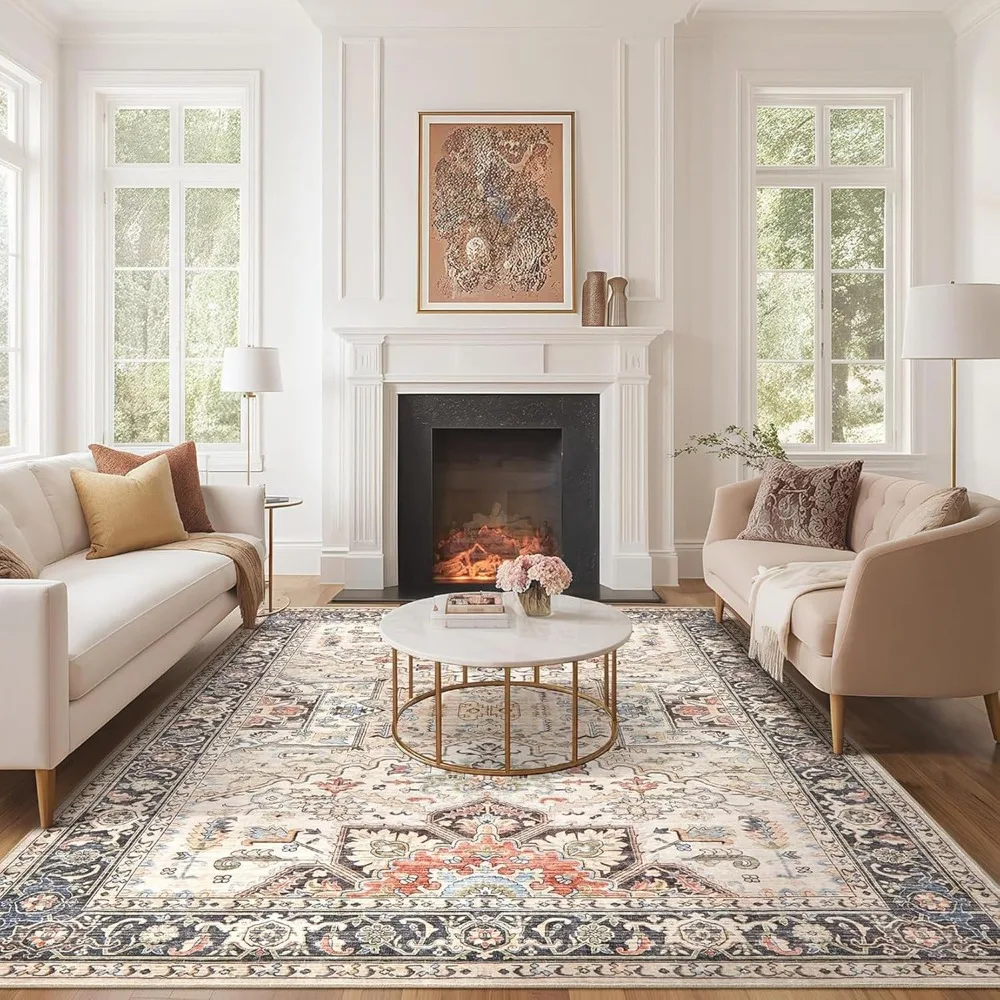 Area Rug Living Room Rugs -Soft Machine Washable Oriental Vintage Floral Distressed Rug Large Indoor Floor Carpet