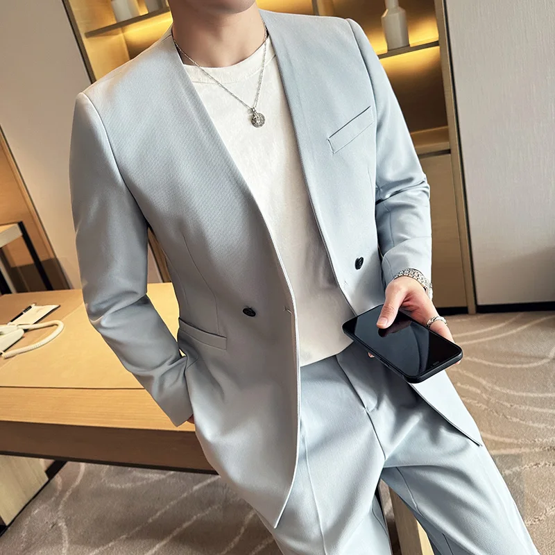 Fashion Woolen Jackets Autumn Winter Men's Clothing Trend Niche Design Woven Collarless Korean Casual Coat Tide New