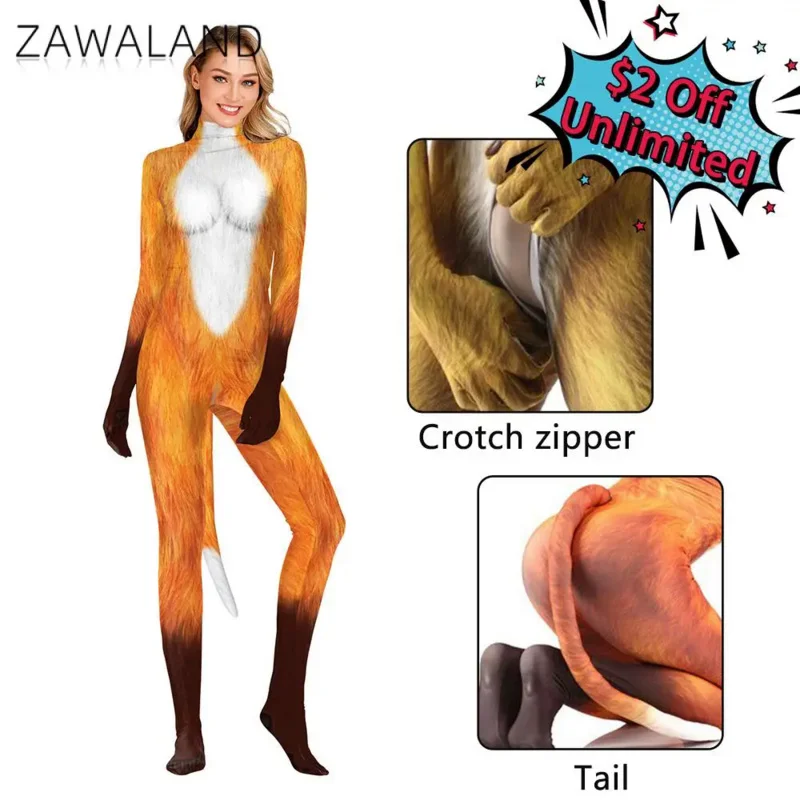 

Zawaland Halloween Costumes for Women Animal Fox 3D Printing Zentai Pet Suit Sexy Slim Jumpsuits Bodysuit Fancy Dress