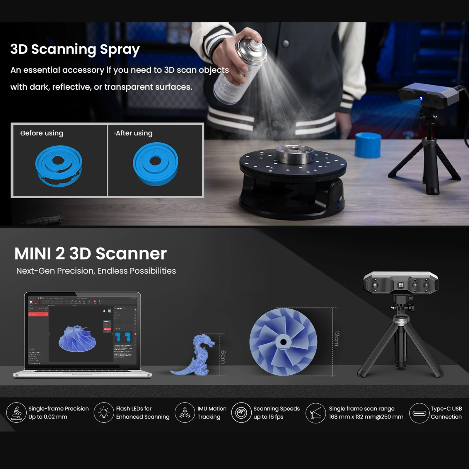 Revopoint MINI 2 Standard 3D Scanner Up to 0.02mm Precision, 16 fps Fast Scanning,Scanner for Dental, Jewelry and Small Objects