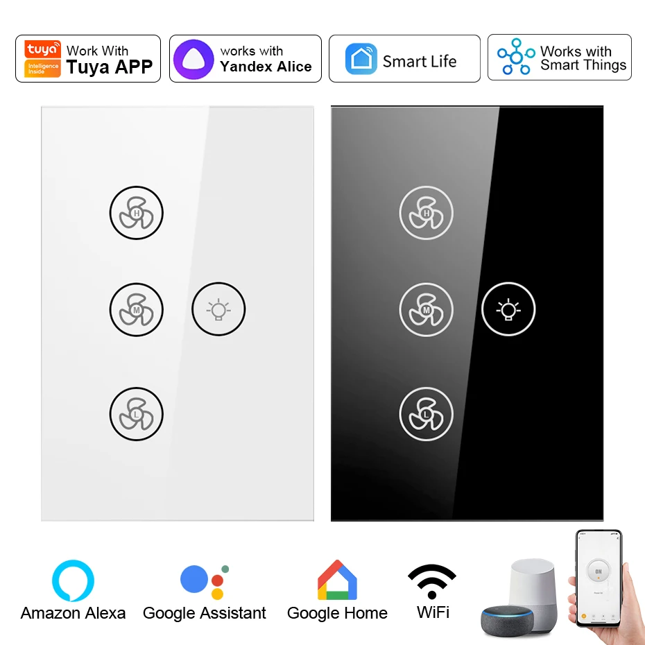 

CBE Tuya Wifi Smart Fan Light Switch Ceiling Lamp Wall Touch Switches US Remote Control Speed Remotely for Alexa Google Home
