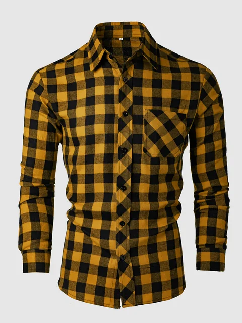 Chemise à carreaux décontractée à manches longues pour hommes, chemise boutonnée à revers de printemps et d'automne 1