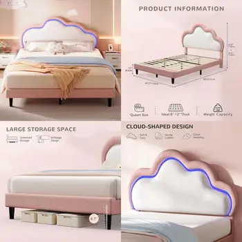 Queen Size Upholstered Bed with LED Smart Features and Adjustable Cloud Headboard, Platform Bed Frame 1