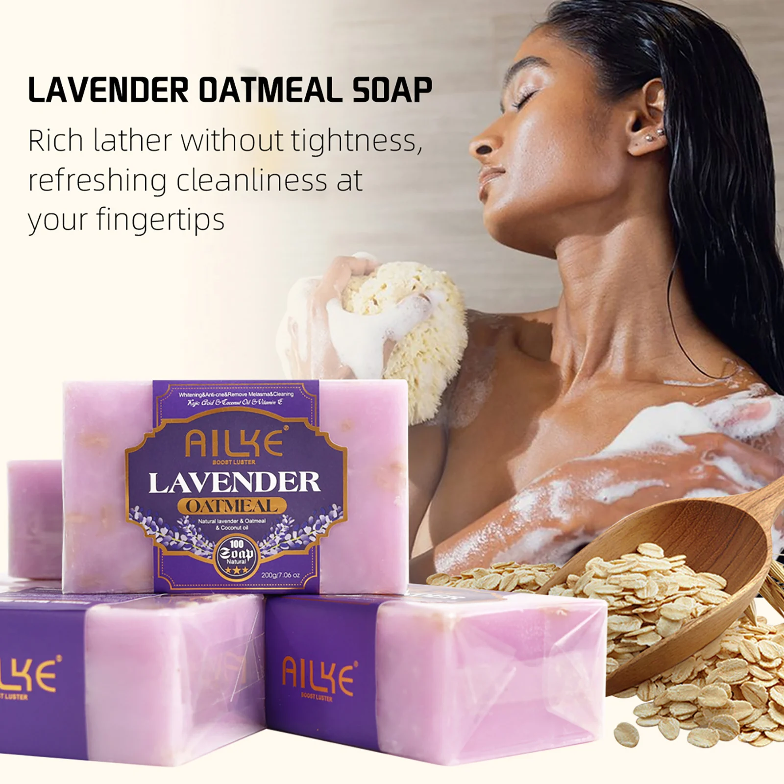 AILKE Lavender Oatmeal Whitening Soap Bar, Clean Skin, Anti Acne, Black Spots, With Coconut Oil, For All Skin Types, 200g