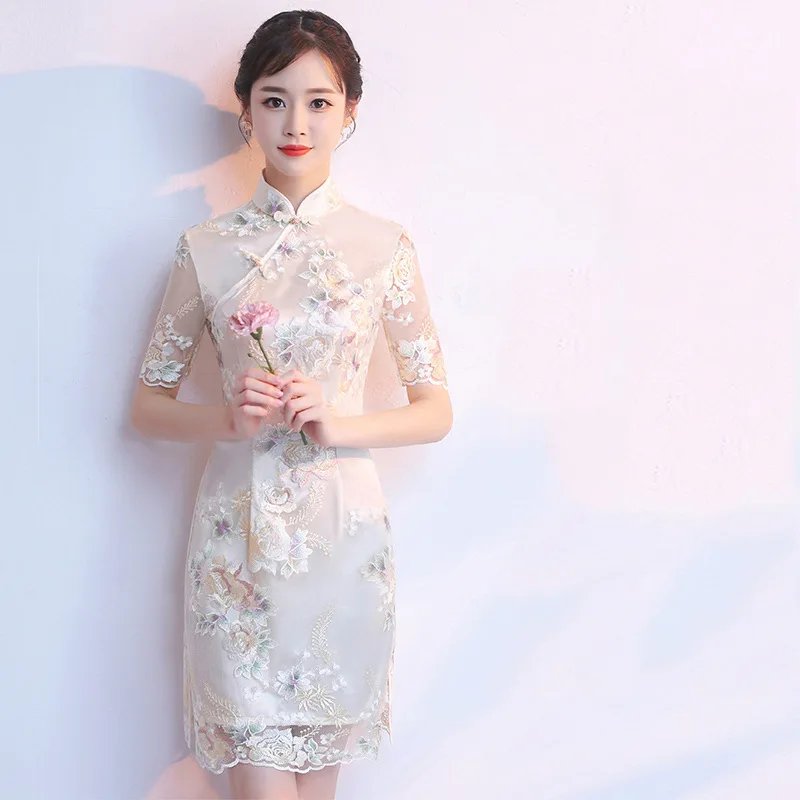 

Женское кружевное платье-Ципао, бежевое или розовое винтажное короткое платье с вышивкой и полурукавом, свадебные костюмы, традиционный Ципао