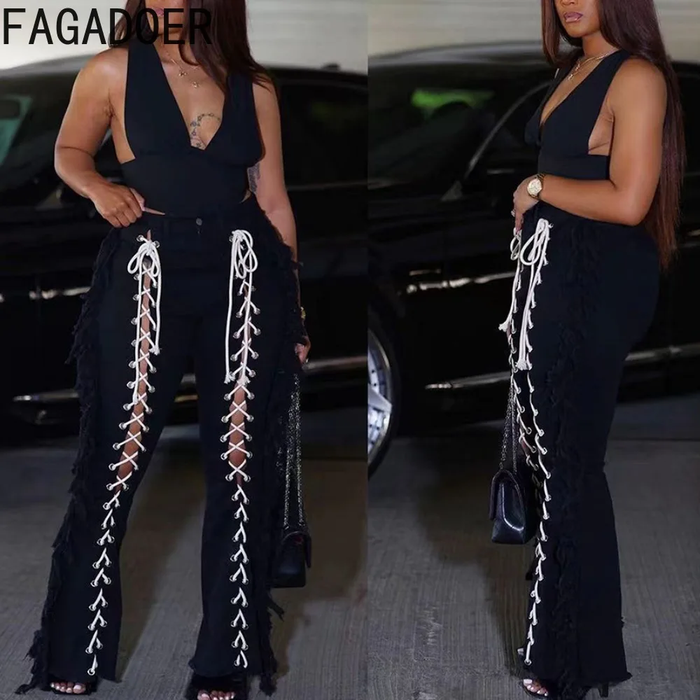 FAGADOER Lace-up Bandage Patchwork Women High Waist Long Pants Y2k Fashion Streetwear 2024 Spring Tassel Pockets Trousers Women