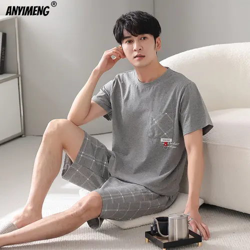 남성용 반팔 잠옷 세트, 부드러운 코튼 잠옷, 루즈 홈 수트, 플러스 사이즈, 4XL, 5XL, 6XL, 7XL 5