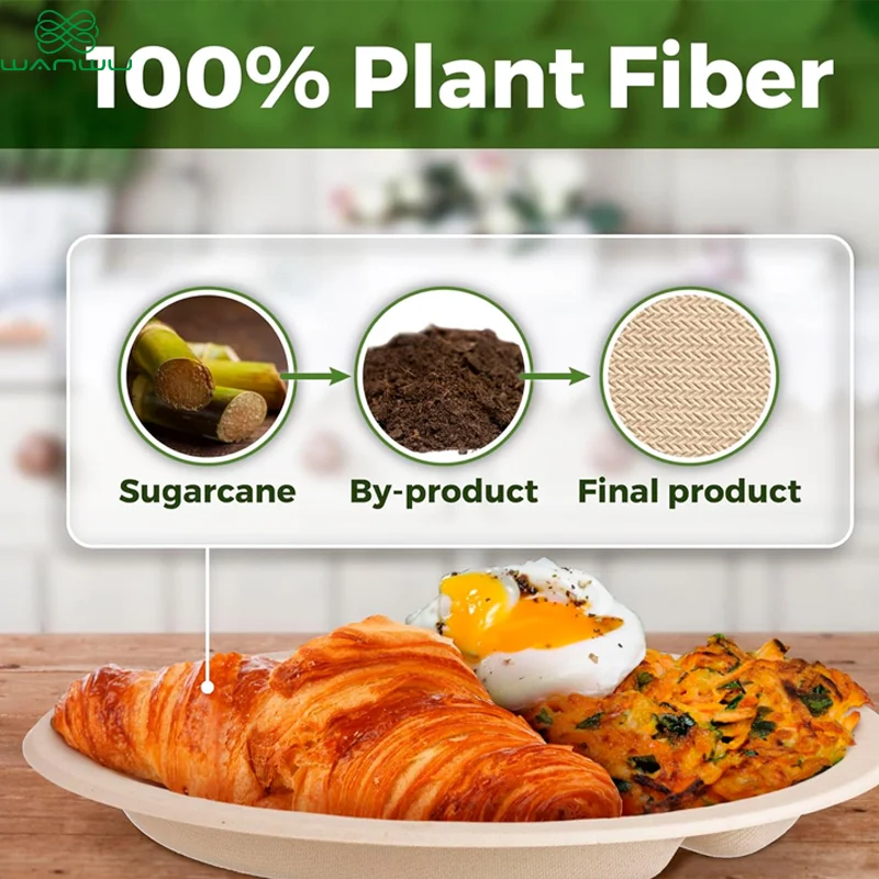 50 pcs 10 inch disposable paper plates, round with 3 compartments, made of eco-friendly plant fiber