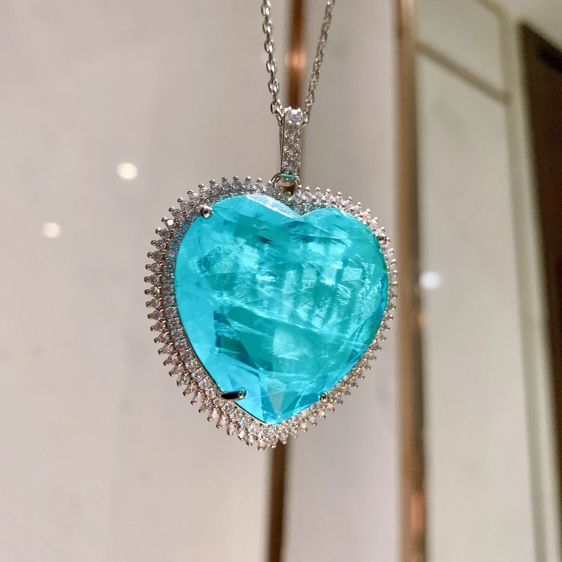 Charms Korean Pop Blue Paraiba Gemstones Big Heart Pendant