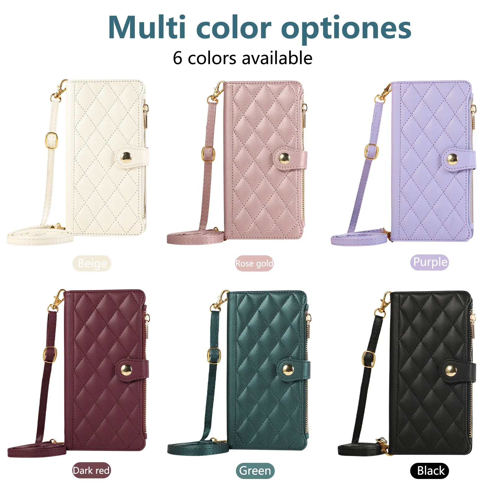 Elegant Crossbody Leather Wallet with Zipper and Diamond Design