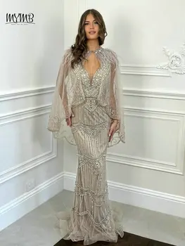 MYMB Elegante abito da sera formale a sirena con mantella di lusso con scollo a V e piume di perline Set da due pezzi Abito da ospite di nozze DHS016