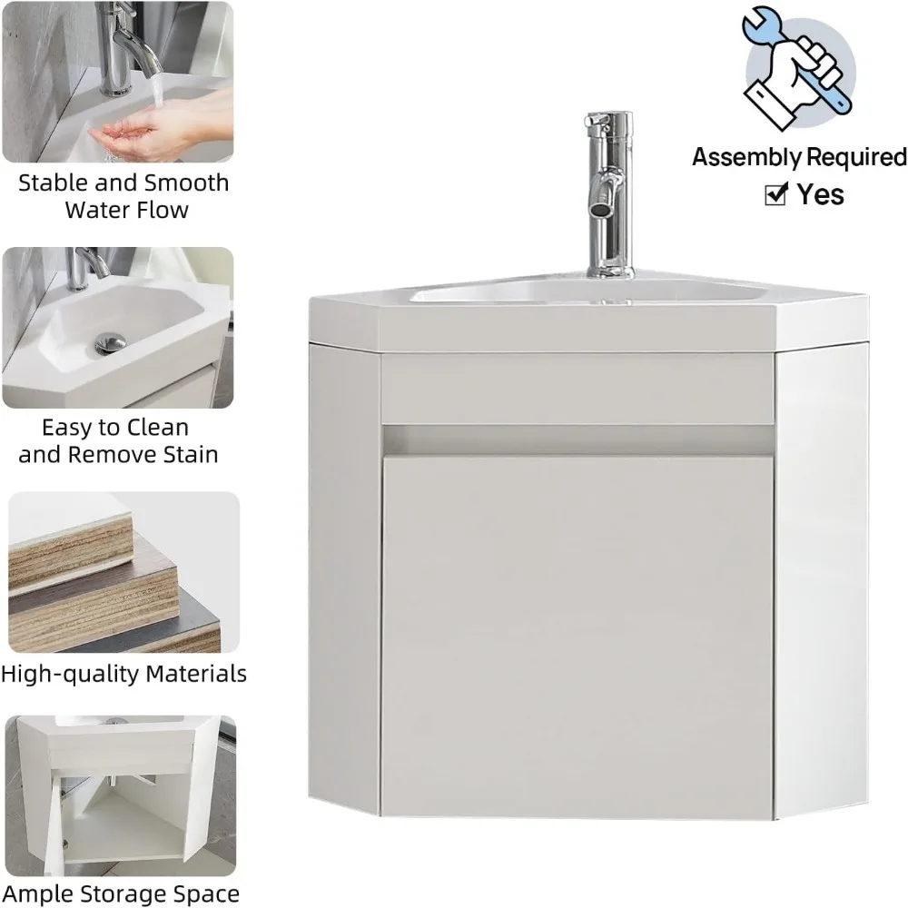 16" Corner Bathroom Vanity Sink Combo, Wall Mounted Cabinet Set, w/ Basin Sink Top Chrome Faucet and Drain, Bathroom Vanity