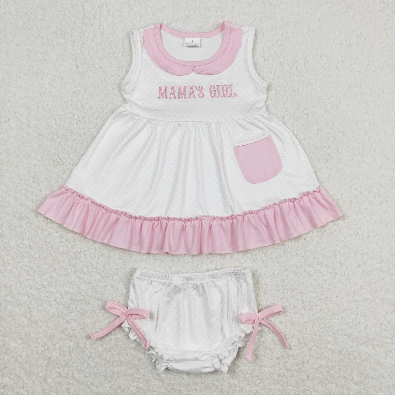 

Wholesale Infant Summer Embroidery Mama's Girl Toddler Set Kid Outfit Children Sleeveless Pocket Pink Ruffle Tunic Bummie Shorts