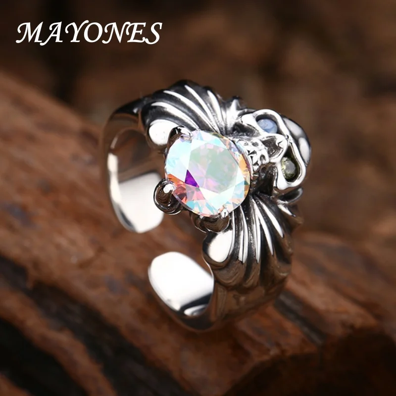 

MAYONES 925 Sterling Silver Jewelry Women's Skull Zircon Personalized Ring Vintage Thai Silver Open Ring