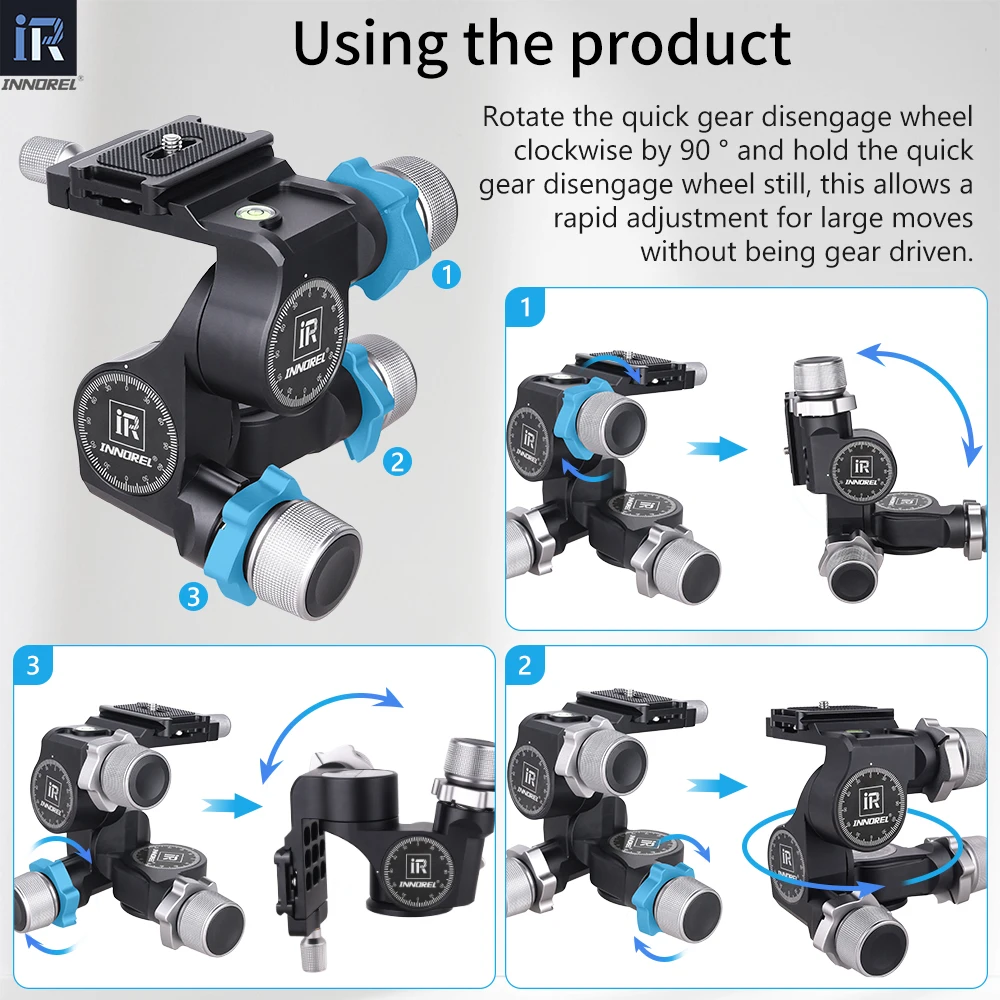 GR5 CNC Aluminum Alloy 3 Way Geared Tripod Head Load Capacity 6kg with Arca Type QR Plate for Photography Camera