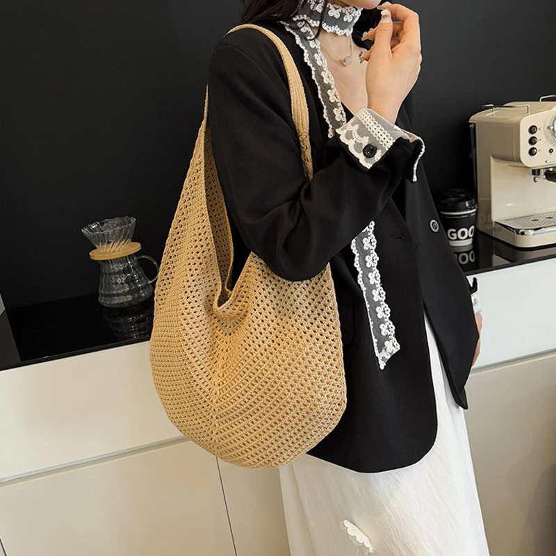 Women Hollow Summer Bag Solid Color Aesthetic Hobo Bag Large Capacity Knitted Tote Handbag Ladies Daily Handbag