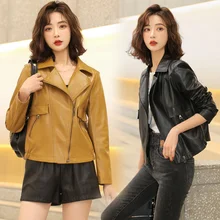 

2022 Spring Women's Leather Jacket Slim Turn-down Collar Short PU Leather Jacket Women Zipper Motorcycle Jackets Outwear Female