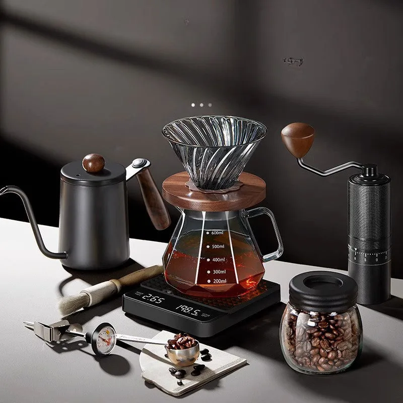 1-4people Portable Hand Brewed Coffee Set Maker 600ml High Borosilicate Glass Pot CNC Bean Grinder Thermometer Gift Package 2