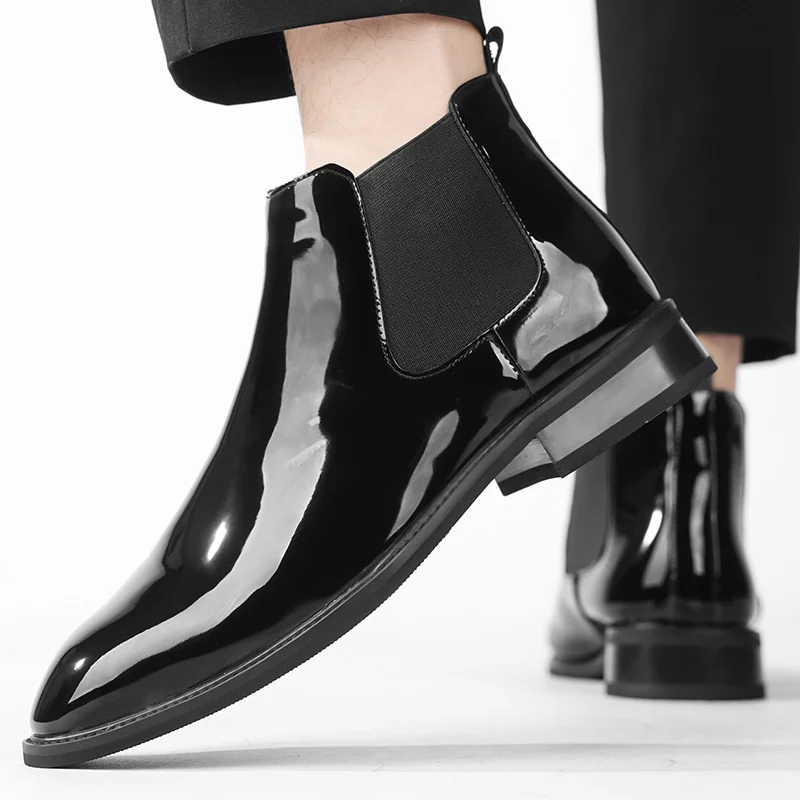 Chelsea Boots for Men Patent Leather Black Buckle Ankle Round Toe Business Classic Handmade Men Short Boots Botas De Hombre
