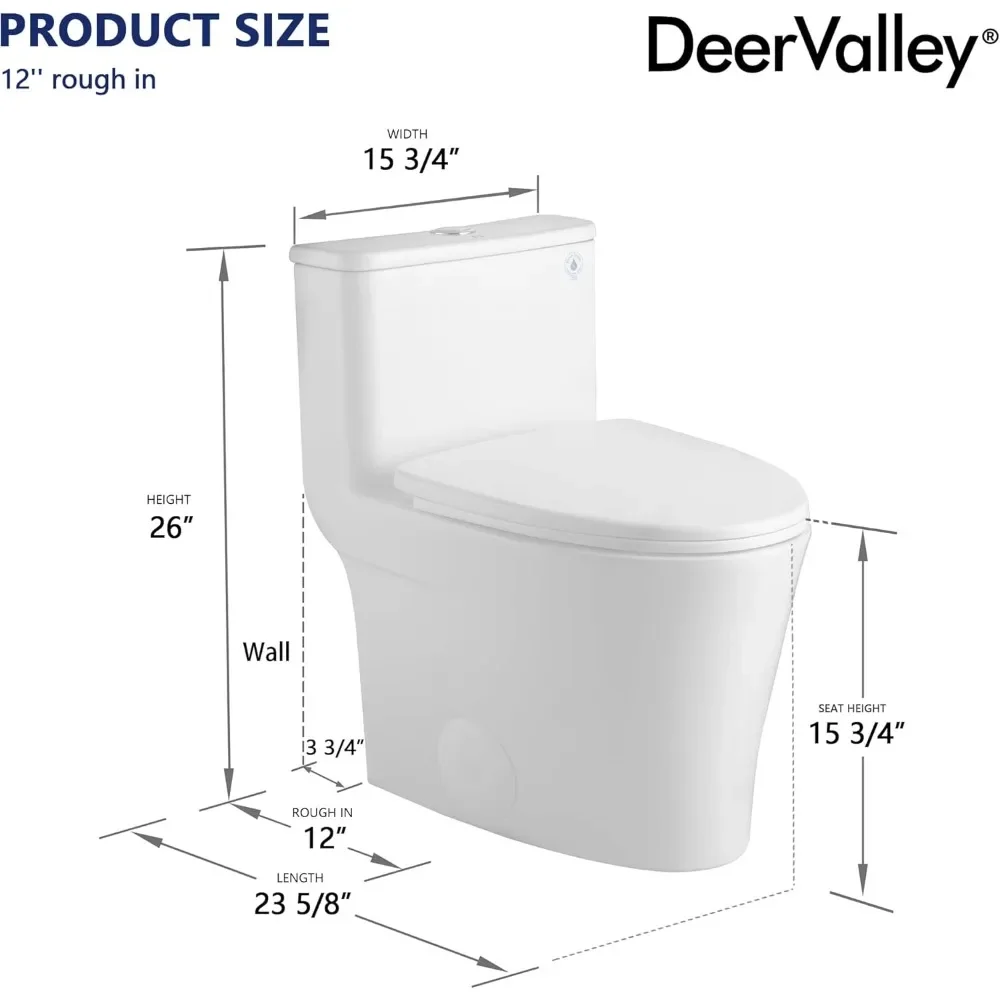 NEW-DeerValley Compact One Piece Toilet Elongated, Modern Toilet with Soft Close Seat Ceramic Glossy for Small Bathroom Space