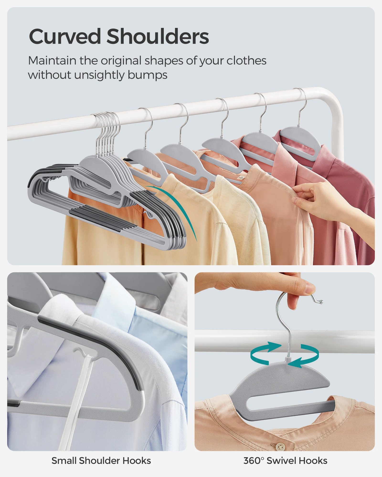 SONGMICSHOME 30 Pack Heavy-Duty Plastic Coat Hangers S-Shaped Opening 360° Swivel Hook Space-Saving Suit Hangers 5