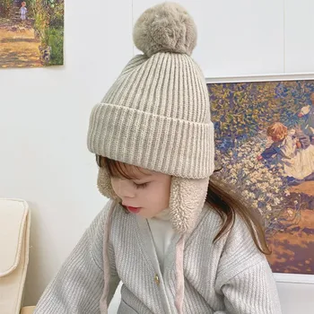 2-8T Baby Hat Big Pompom Beanie with Earflap Wool Plush Children Knitted Cap for Girls Boys Winter Thick Warm Kids Accessories 1
