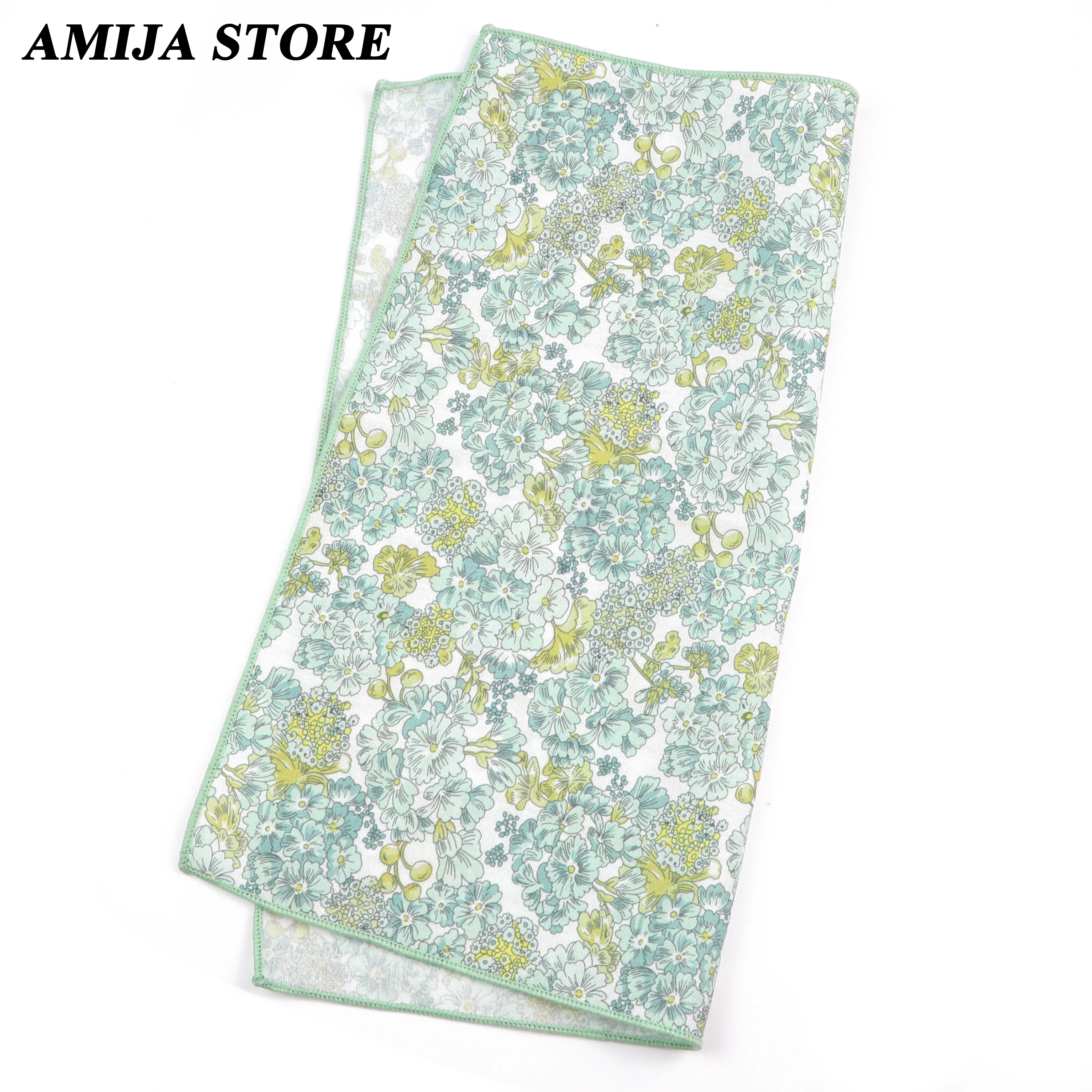 Fashionable Men's Floral Flower Cotton Handkerchief 25cm Green Blue Printed Scarf Shirt Daily Suit Accessories Wedding Gi