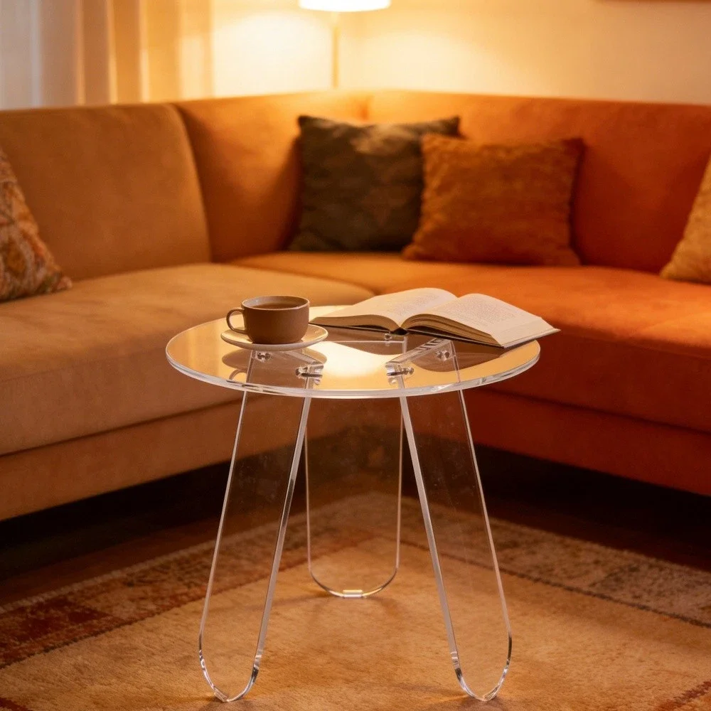 ARTLOGE Acrylic End Table,18” Round Clear Acrylic Side Table with PVC Cover Triangle Legs for Living Room Bedroom