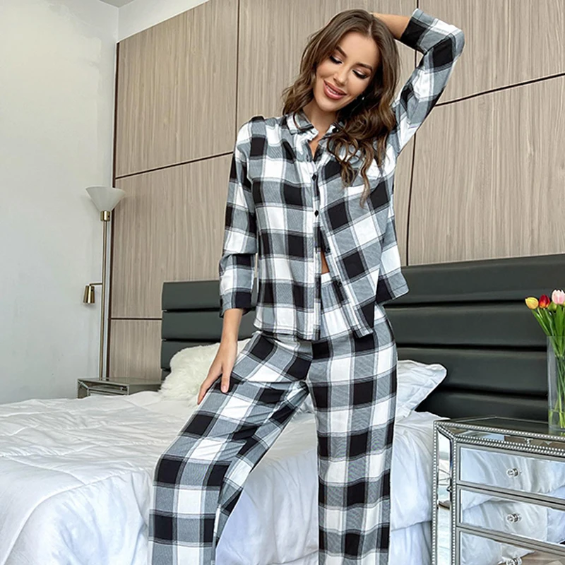 Conjunto de Pijama con estampado a cuadros para hombre y mujer, ropa de dormir de manga larga, de algodón cálido, para otoño _ Mobile