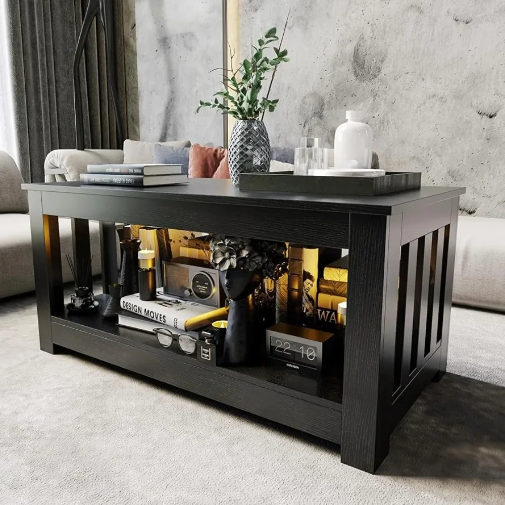

Black Coffee Table Scratch/Stain/Water Resistant Farmhouse Easy Assembly 2-Tier Rectangular Console Living Room Sturdy Frame