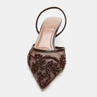 Brown String Bead Mesh Embroider Slingback High Heels Women Sexy Pointed Toe Heeled Sandals Summer Elegant Luxury Designer Shoes - Image 2