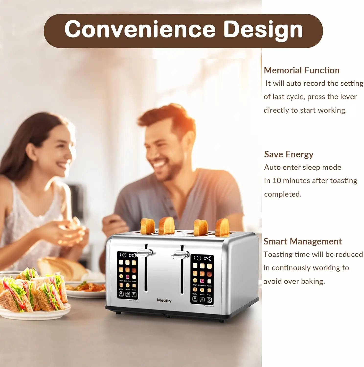 4 Slice Toaster Touch Screen Control 4 Wide Slot Stainless Steel Smart Bread Toaster for Bagel Muffin Waffle Dual Control Pannel 5