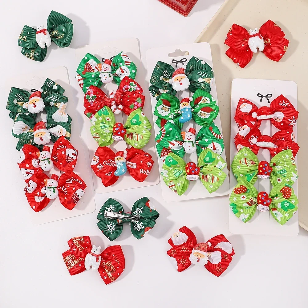 

4Pcs Children's Christmas Hair Accessories Hairpin Set Cartoon Santa Claus Style Bowknot Hairclip for Baby Party Cheer Headwear