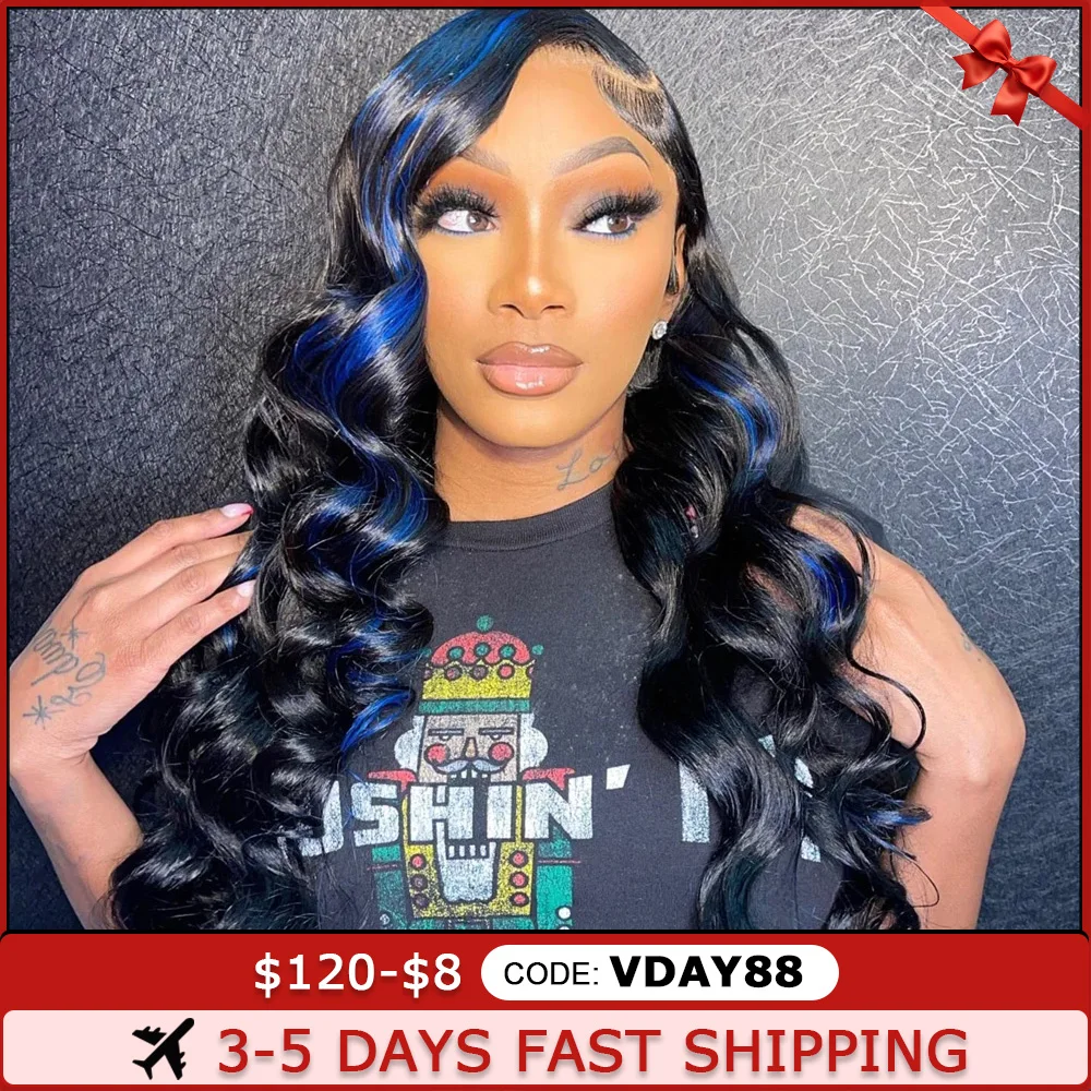Highlight Black With Blue 13x6 Transparent Lace Frontal Wigs Human Hair Wig For Women Brazilian  Hair Glueless Full Lace Wigs