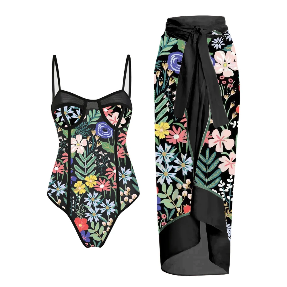 

Vintage Floral Print One-piece Swimsuit Suspenders Halter Slim Bikini Sexy Gather Beachwear Women 2023 Irregular Straps Cover Up