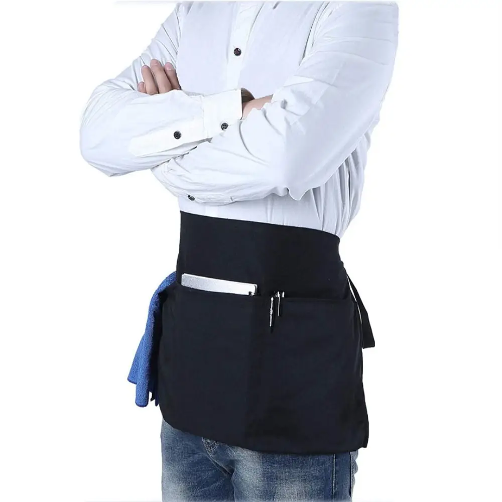 Fashion Short Small Apron 3 Pockets Waist Apron Black Waterproof Waitress Half Apron