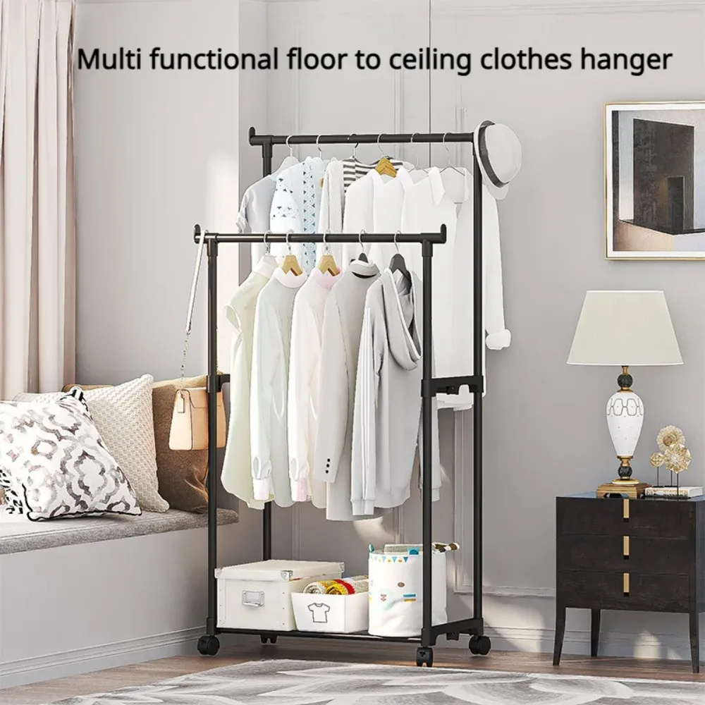 Clothes Rack Movable Double Rod Floor Bedroom Shelf Simple Assembly Multifunctional Household Hanger