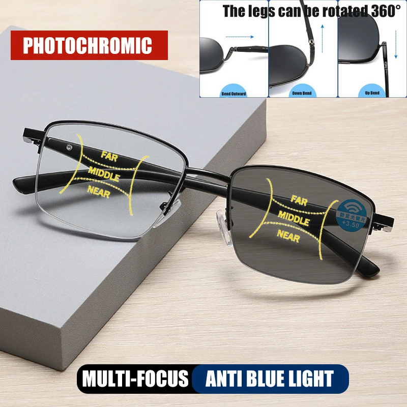 

HUYING Photochromic Reading Glasses Men Women Anti Blue Light Eyewear Progressive Multifocal Glasses TR Frame Hyperopia glasses