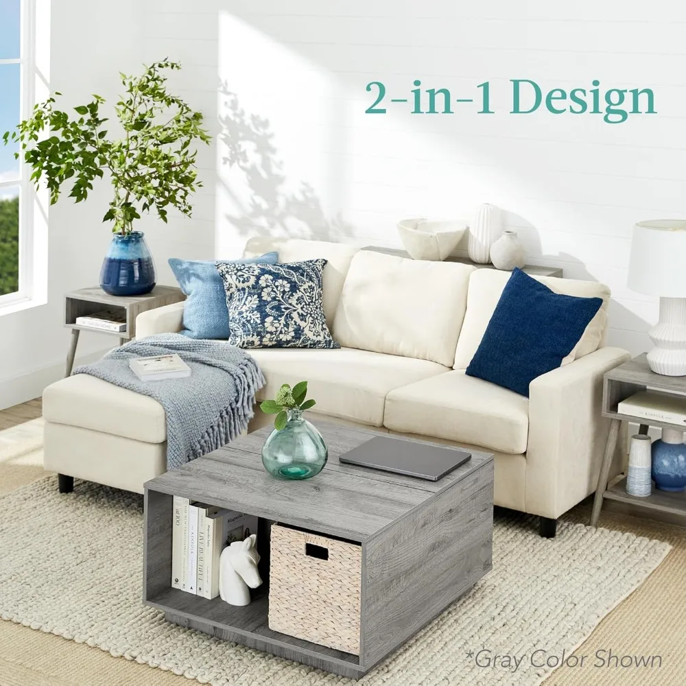 Square Lift Top Coffee Table, Wooden Rustic Modern Multifunctional Accent Table for Living Room w/Hidden Storage, Cubby 3