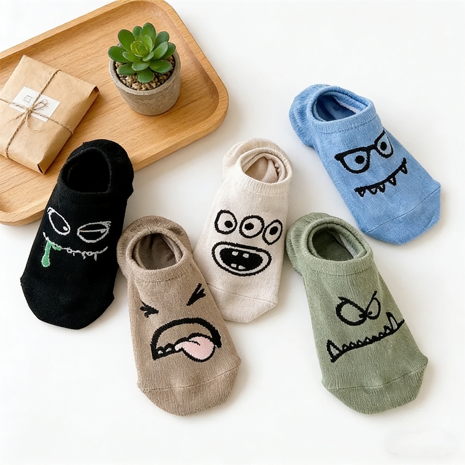 5 Pairs Ins Style Funny pattern Casual Embroidery Boat Socks Women One Size Knitting High Cost-Performance Cotton Sock