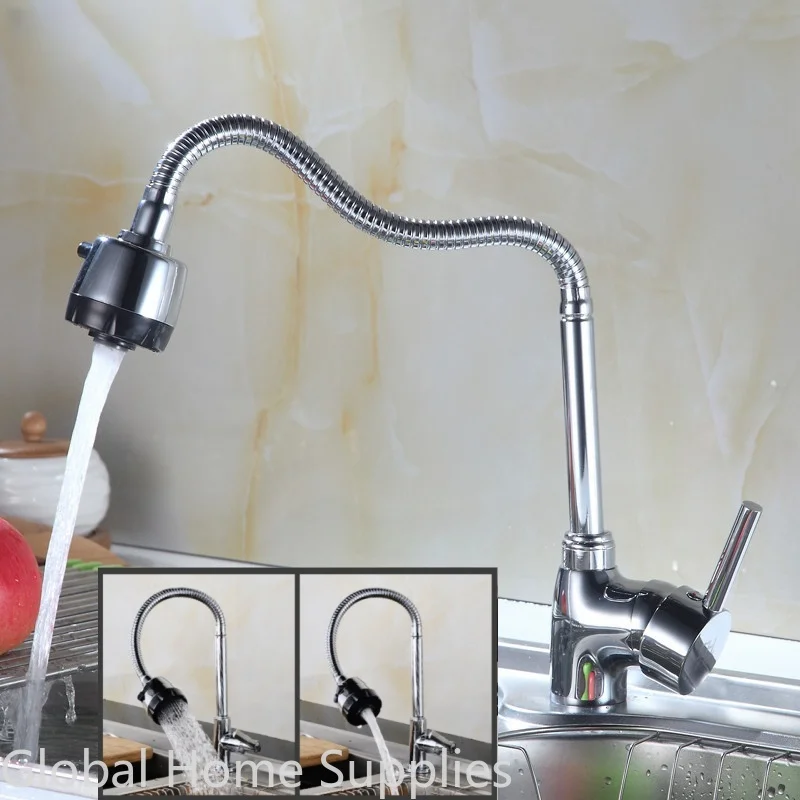 Kitchen Faucet with Flexible Arc 360 Degree Rotatable Sprayer Deck Mounted Stainless Steel Hot and Cold Water Tap Mixer Chrome