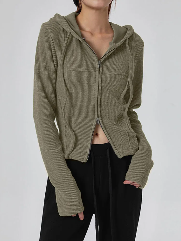 

Apprabant Army Green Hooded Sweatshirt Double Head Zipper Design Slim Fit Top Autumn Basic Versatile Casual Drawstring Coat