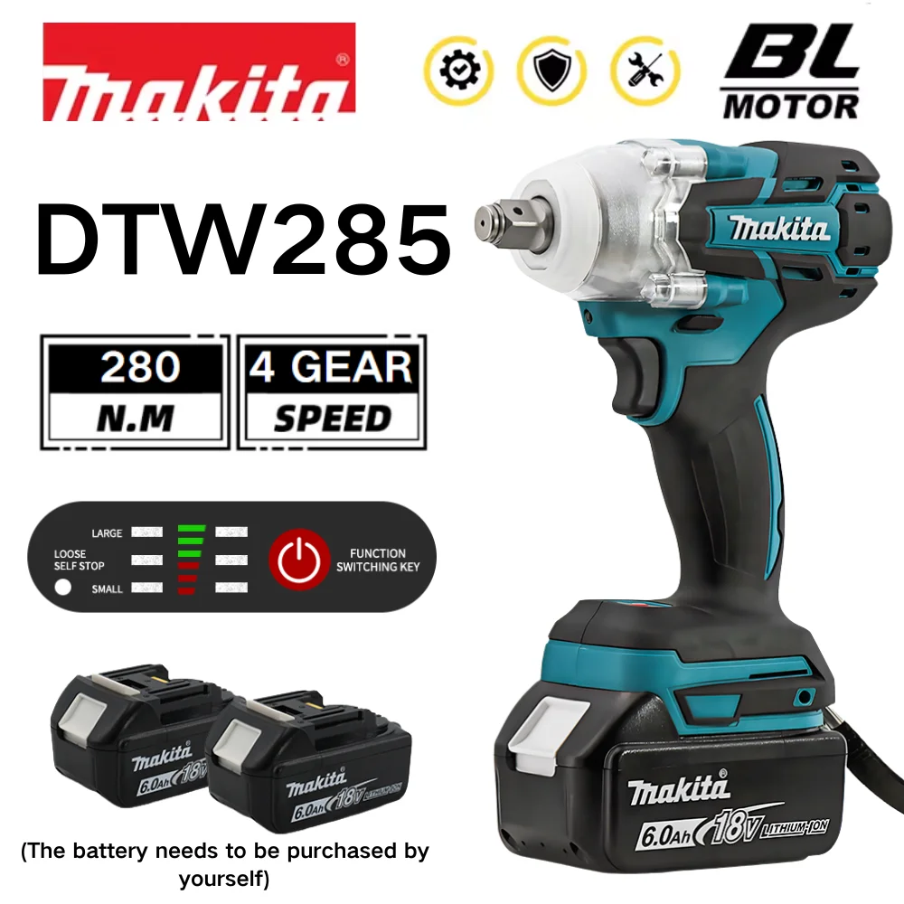 Makita DTW285 280N.M Torque Brushless Electric Impact Wrench Cordless Electric Drill 1/2" Wrench Power Tools For 18V Battery