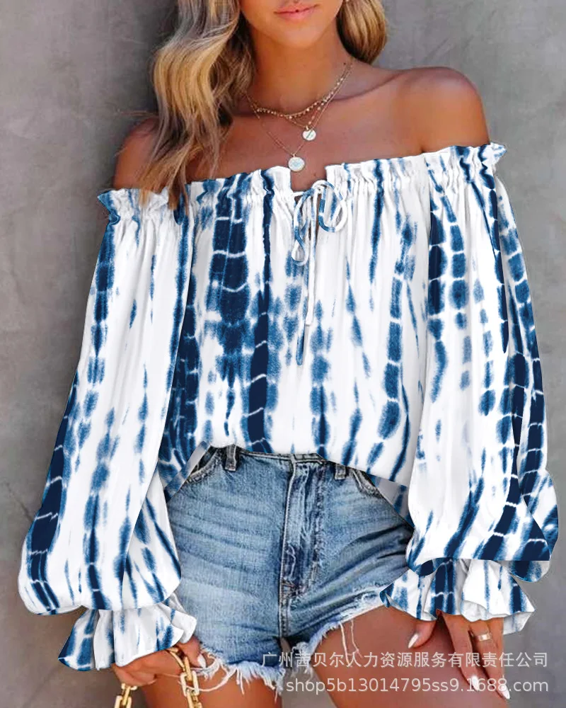 

Women T-shirt Shoulder Sexy Long Sleeve Loose Sleeve Lantern Sleeve Color Wave Print Fashion Tie-dye Spring And Summer T-shirt