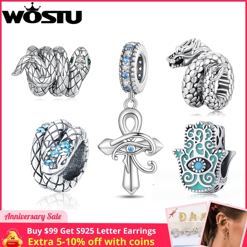 Wostu Argento Sterling 925 Vintage Demon Eye Heart Snake Charm Bead Pendant Fit Collana Braccialetto Originale Per Gioielli Da Donna