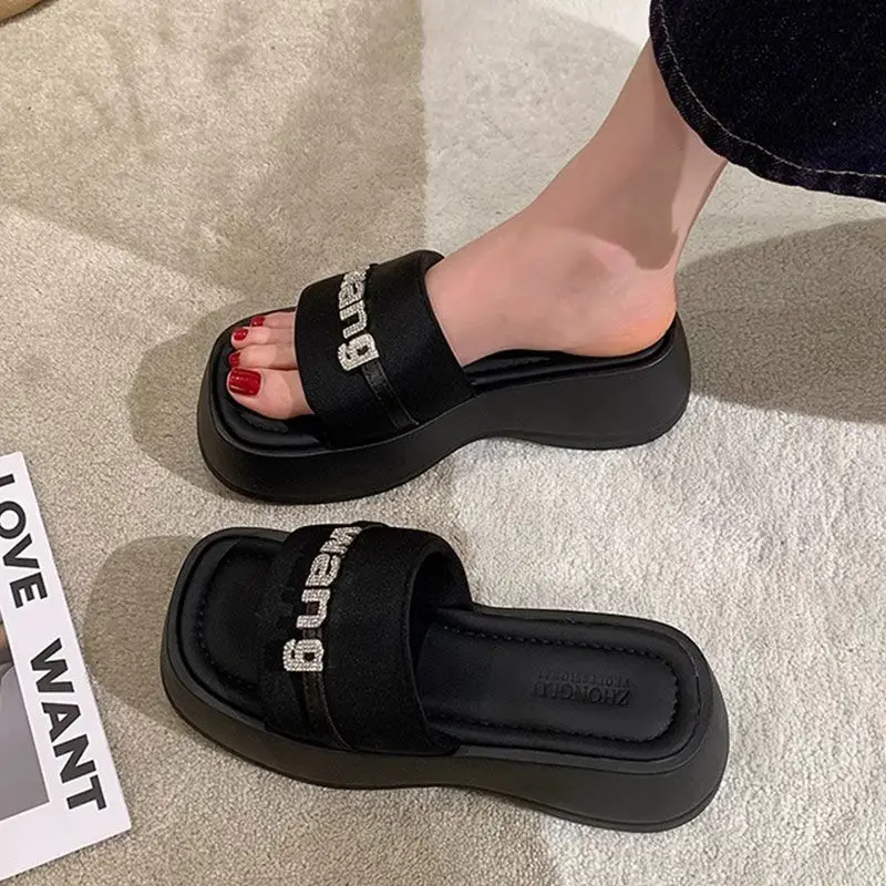 Summer Slippers Women Wear Summer Black Thick Soled Flip-flops Beach Sandals Wedge Heels Increase Sandals Women's Shoes
