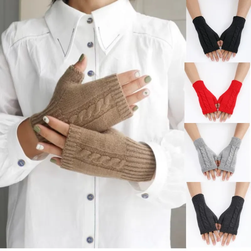 

Вязаные перчатки на полпальца для женщин и мужчин, зимние теплые Рукава для рук, однотонные мягкие шерстяные варежки без пальцев для сенсорного экрана