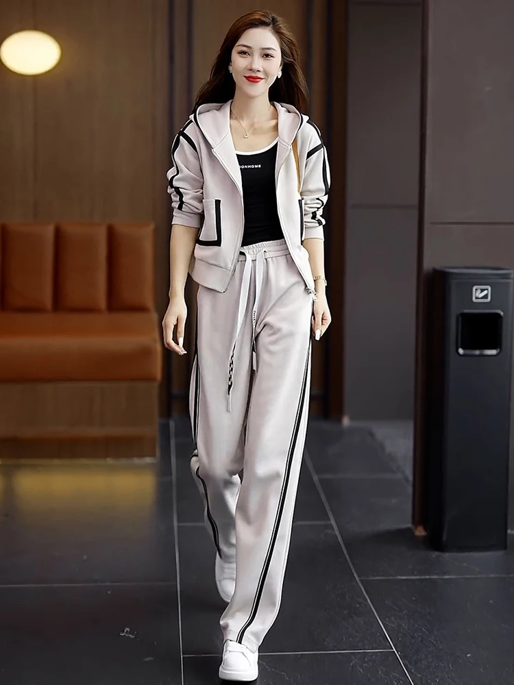 

2023 Autumn Casual Tracksuit Women Cardigan Hooded Sweatshirt Pocket Coat+Elastic Waist Wide Leg Pants Fashion Two Piece Sets